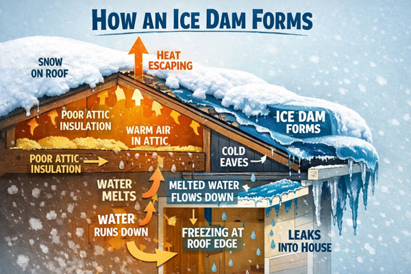 Photo diagram demonstrating how ice dams form